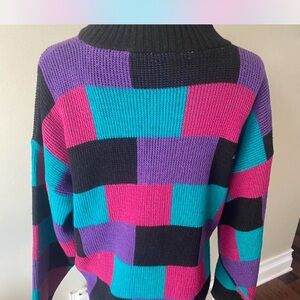 Place Multicolor Checkered Women's Sweater Vintage 80s color blocking sweater